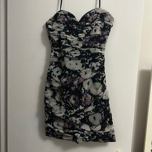 Ruched mesh black floral mini strapless dress